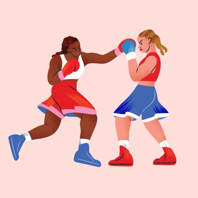 Illustration of two female boxers engaged in a match, one throwing a punch, set against a pink background, showcasing dynamic sports imagery.