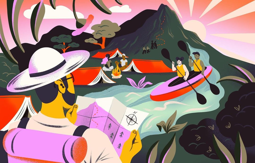 Illustration of a person with a backpack looking at a map near a campground, river with canoe, and a mountain under a bright sun.