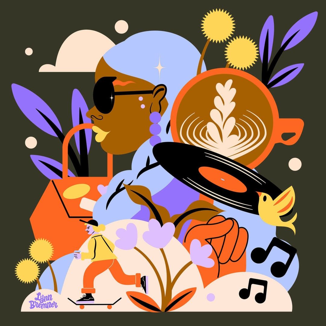 Colorful vector illustration featuring an adult woman with sunglasses, a skateboarder, coffee, musical notes, and abstract flora.