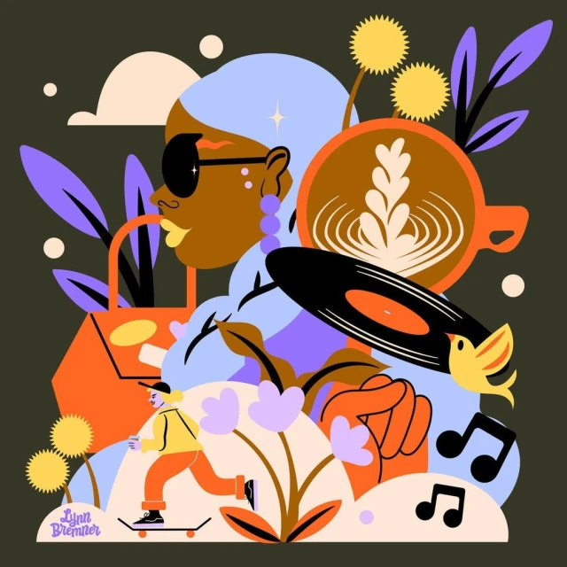 Colorful vector illustration featuring an adult woman with sunglasses, a skateboarder, coffee, musical notes, and abstract flora.