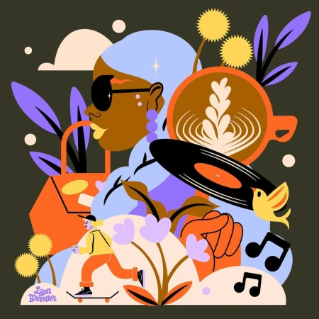 Colorful vector illustration featuring an adult woman with sunglasses, a skateboarder, coffee, musical notes, and abstract flora.