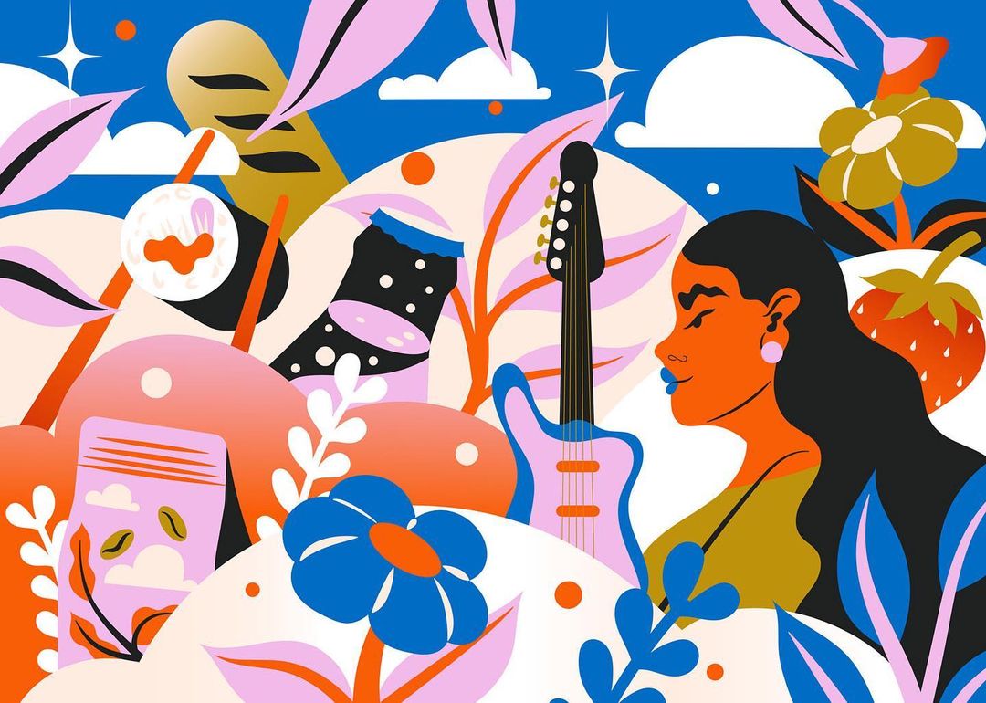 Illustration of a woman's profile with stylized plants, drinks, and a guitar, set against a blue sky with clouds, in vibrant colors.
