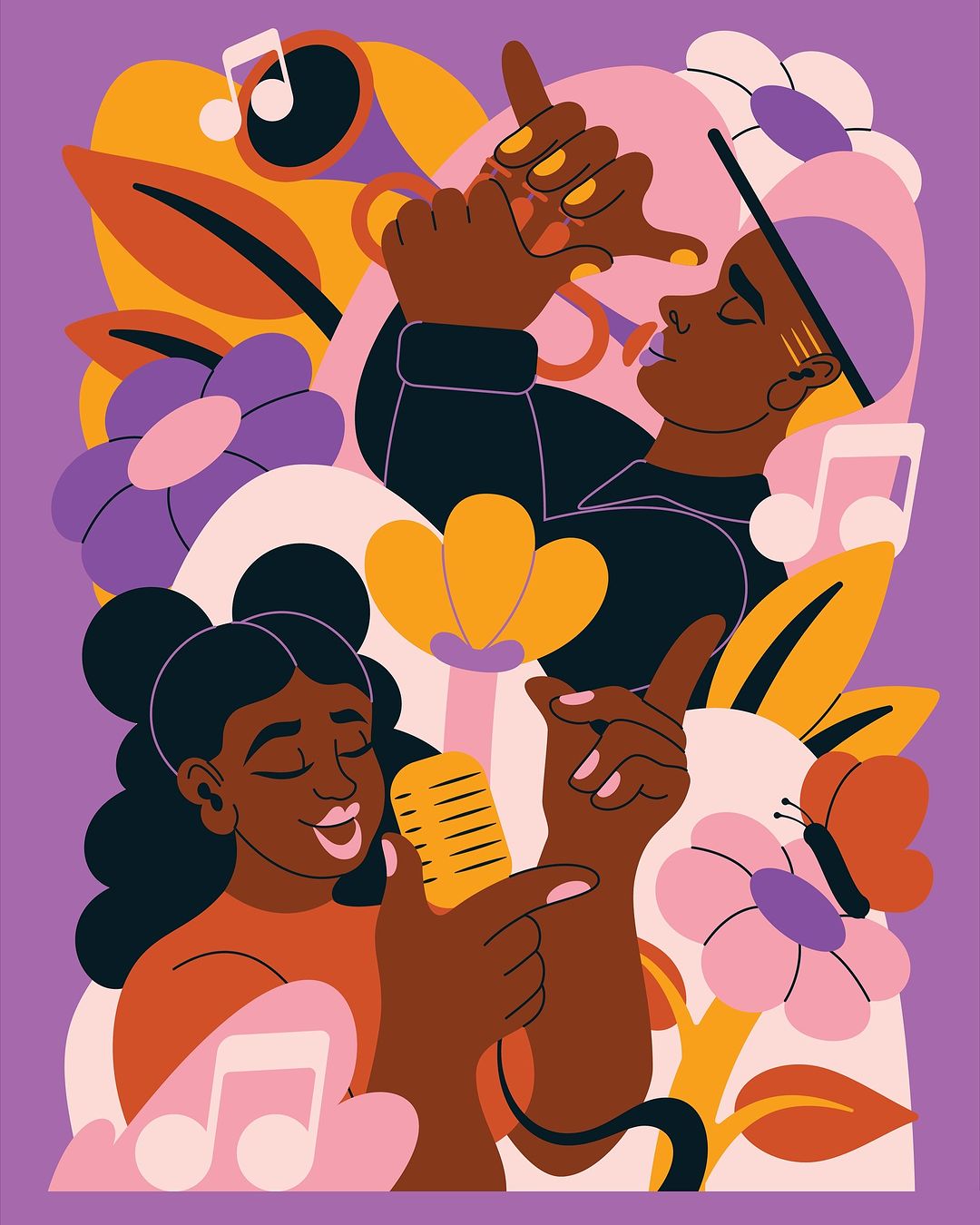 Vibrant illustration of a dark-skinned woman singing into a microphone and a man playing the trumpet surrounded by flowers and music notes.