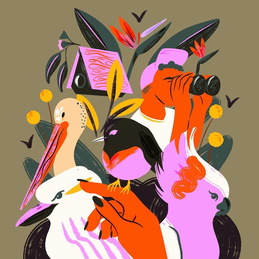 Illustration featuring various bird species, including a pelican, cockatoo, and robin, along with a woman with binoculars and plant life.