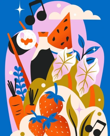 Illustration of fruits, vegetables, and sushi with abstract shapes, music notes, and vibrant colors in a playful and modern style.