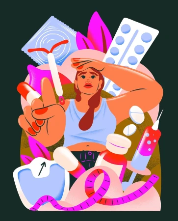 Illustrated health concept image showing a woman surrounded by medicine, birth control, a scale, and a measuring tape on a dark background.