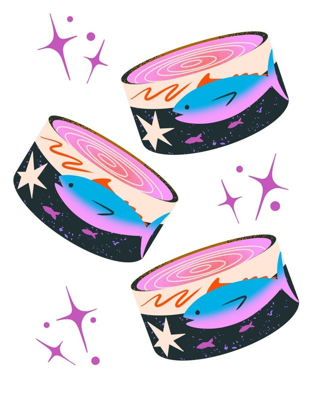 Digital illustration featuring a whimsical arrangement of three stylized tuna cans against a clean white backdrop, with star accents.