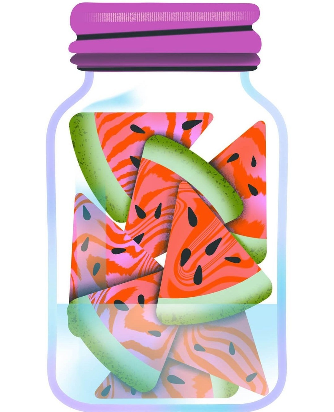 Illustration of a clear jar with a purple lid filled with slices of watermelon, artful and vibrant, against a white background.