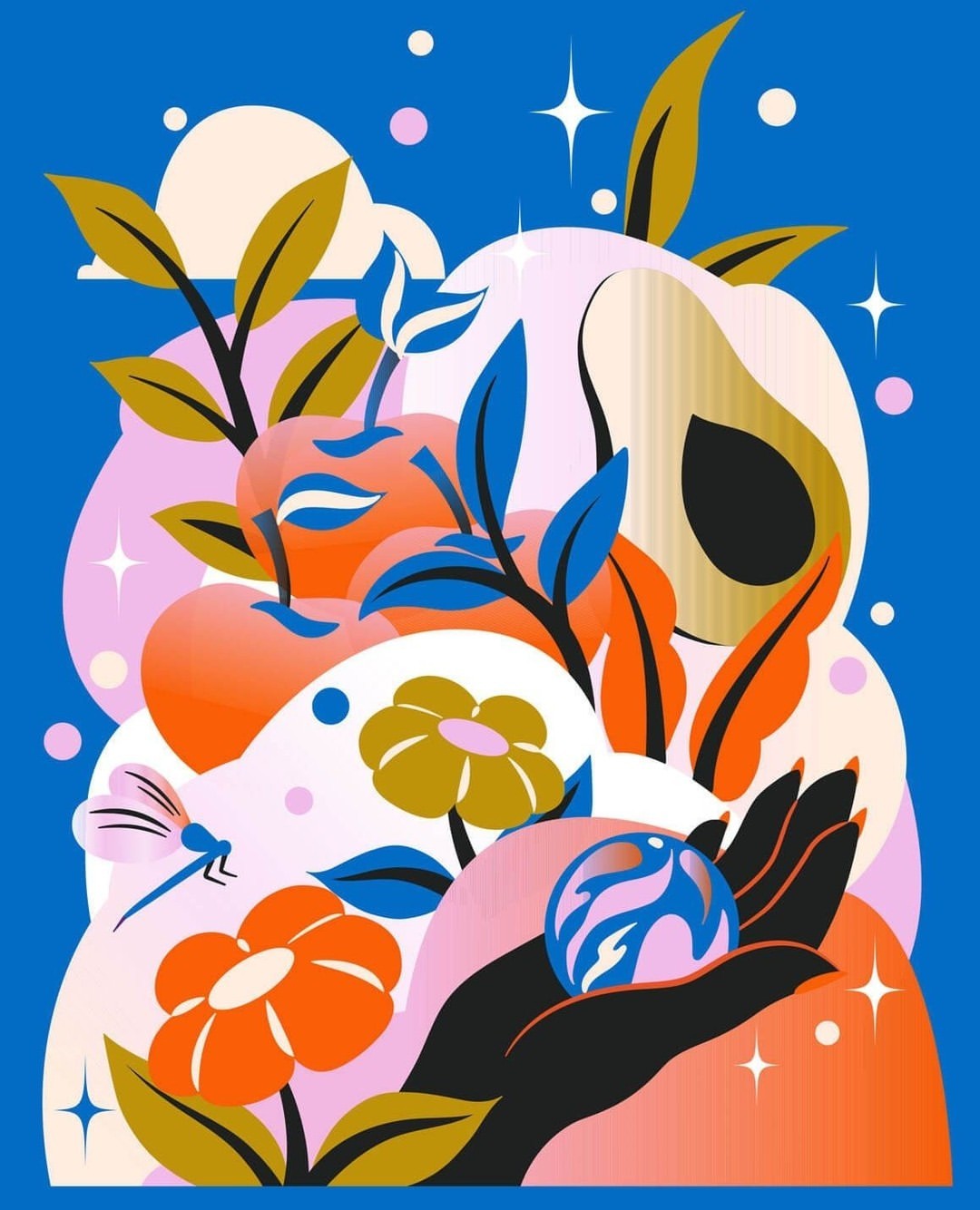 Whimsical digital art illustration featuring a hand holding a marble, flowers, fruit, and abstract shapes against a blue backdrop.