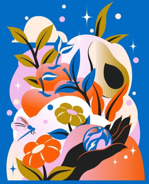 Whimsical digital art illustration featuring a hand holding a marble, flowers, fruit, and abstract shapes against a blue backdrop.