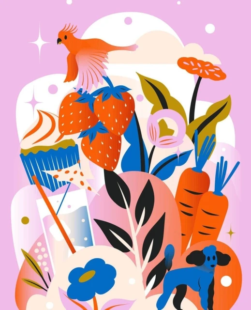 Illustration of a colorful scene with a bird, strawberries, cupcake, carrots, a poodle, and leaves against a light pink background.