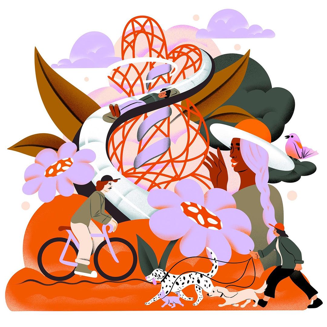 Illustration of a woman with long hair standing next to a roller coaster, another woman riding a bike, a man walking two dogs in a park.