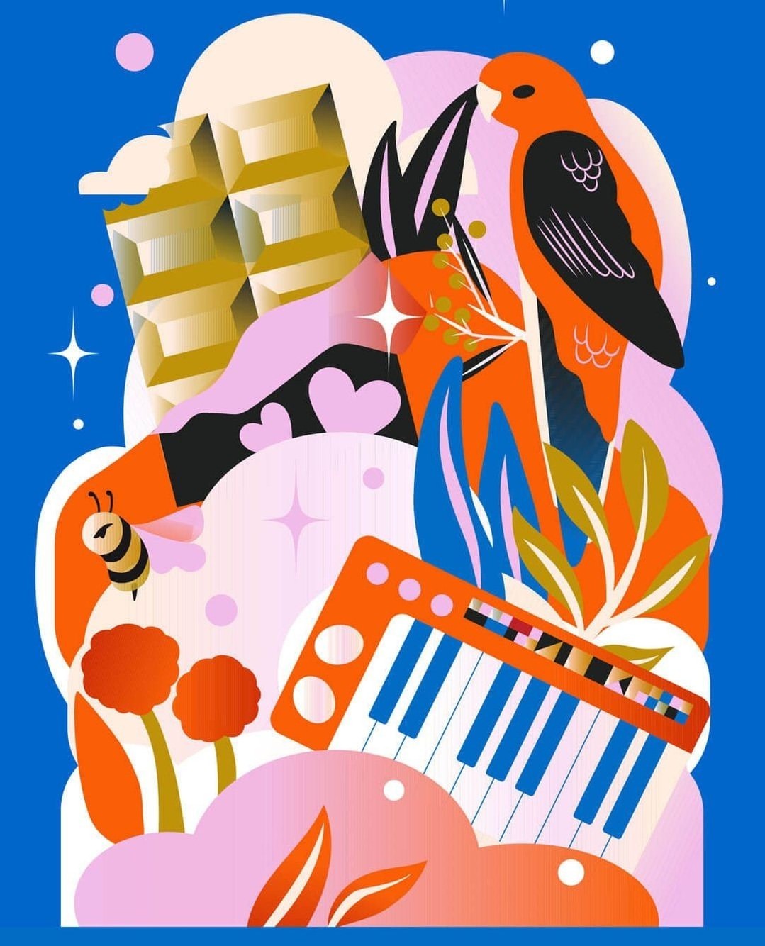 Vibrant illustration with a perched parrot, chocolate bar, keyboard, bee, and stylized plants in a playful, colorful composition.