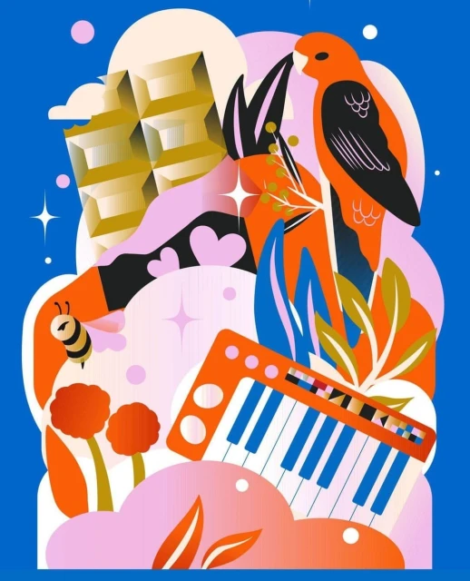 Vibrant illustration with a perched parrot, chocolate bar, keyboard, bee, and stylized plants in a playful, colorful composition.