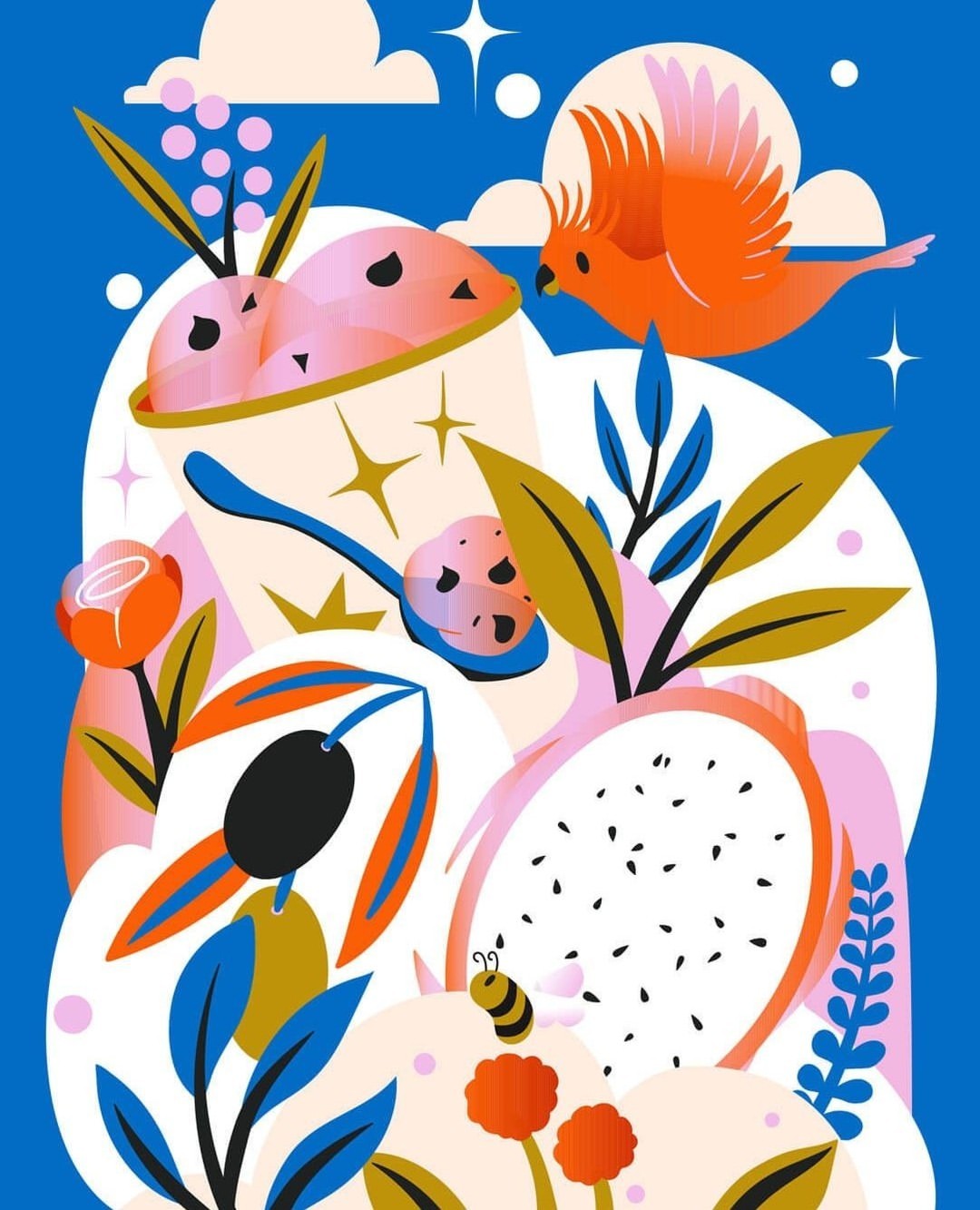 Colorful illustration features ice cream, dragon fruit, parrot, bee, and flowers on a bright blue background with sparkling stars.