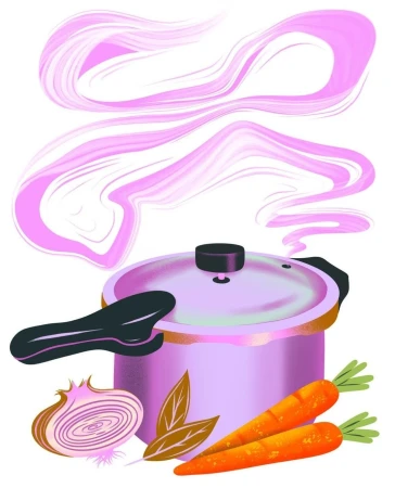Illustration of a lilac pressure cooker with steam, next to carrots and onion, set against a plain white background.