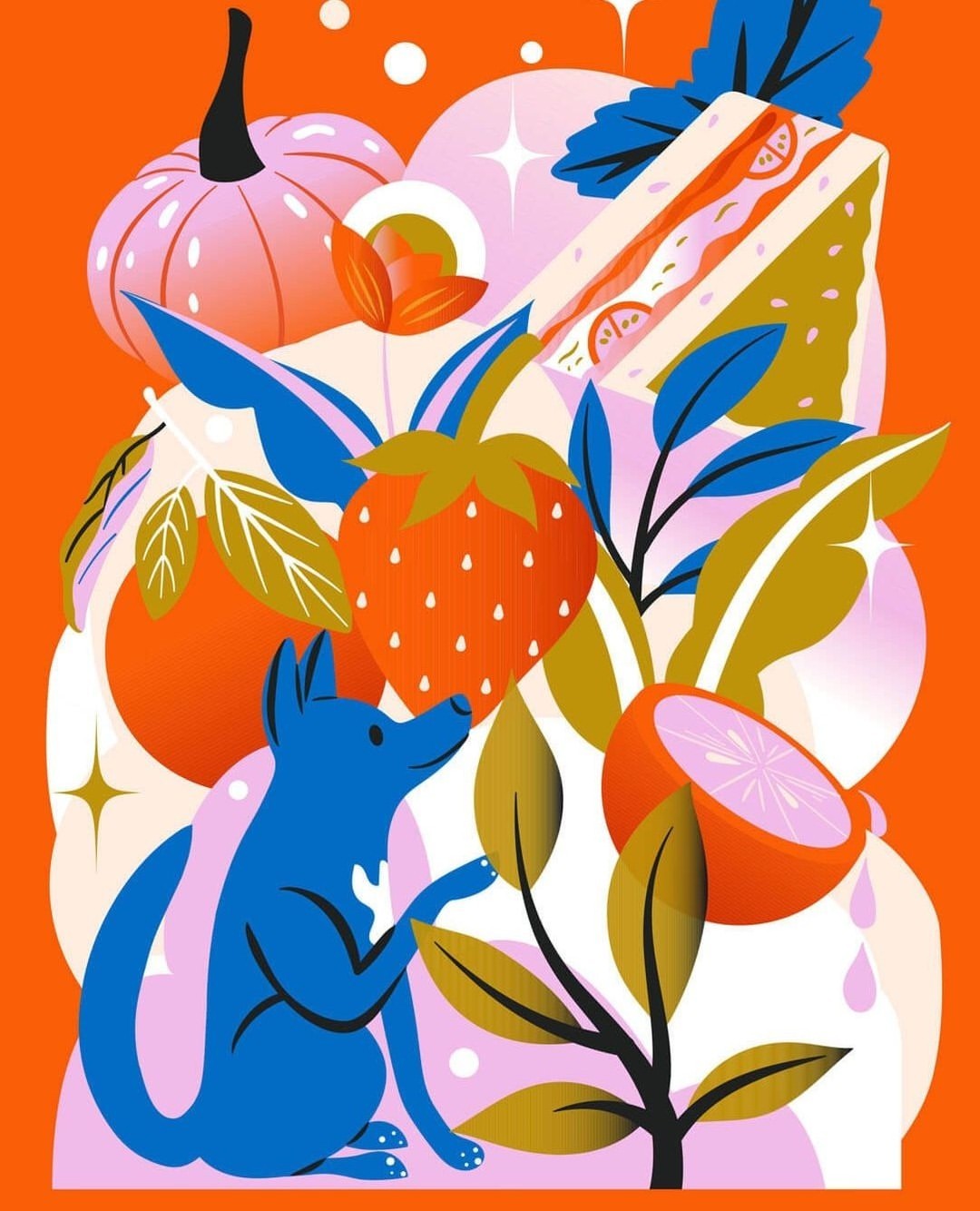 Colorful illustration featuring a blue animal alongside fruits like a strawberry and orange, plus a sandwich, against an orange background.