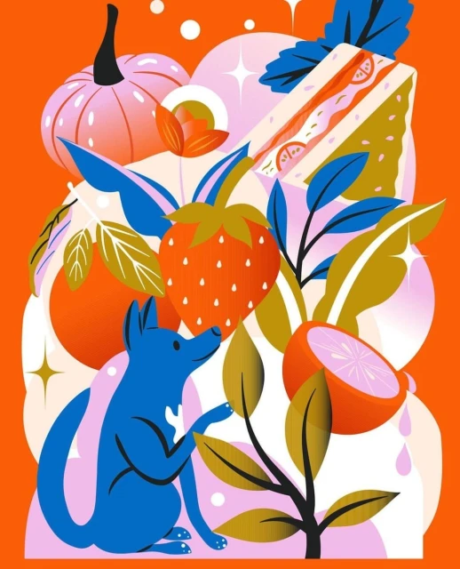 Colorful illustration featuring a blue animal alongside fruits like a strawberry and orange, plus a sandwich, against an orange background.