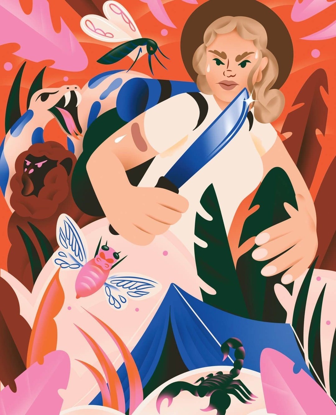 Illustration of a blonde woman with a knife, surrounded by a snake, scorpion, lion, and insects in a leafy outdoor environment.