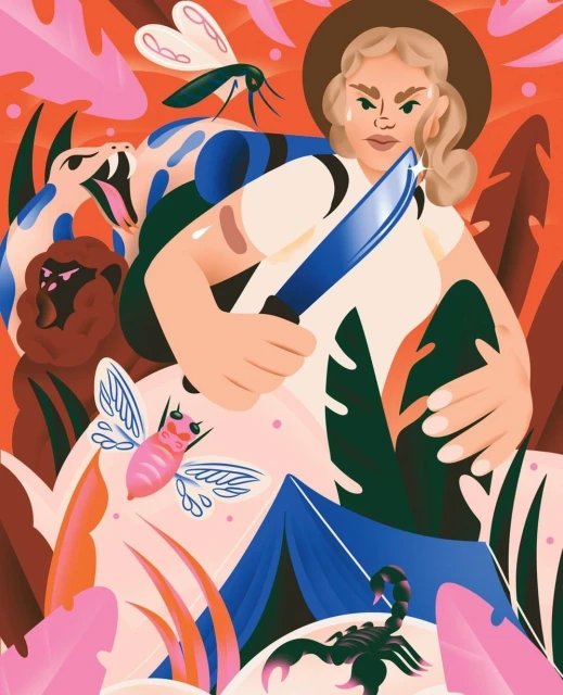 Illustration of a blonde woman with a knife, surrounded by a snake, scorpion, lion, and insects in a leafy outdoor environment.