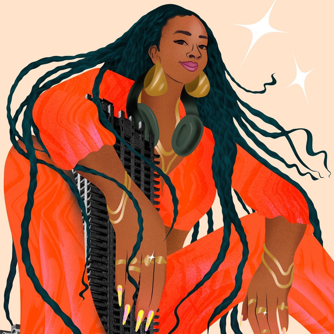 Illustration of a woman with long teal hair and orange clothes holding a keyboard, wearing headphones and gold jewellery against a cream background.