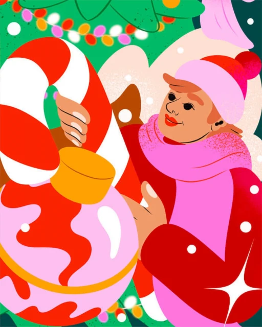 Illustration of a person in a red jacket holding a candy cane and a Christmas ornament, set against a festive Christmas tree background.