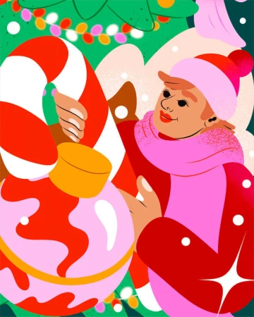 Illustration of a person in a red jacket holding a candy cane and a Christmas ornament, set against a festive Christmas tree background.