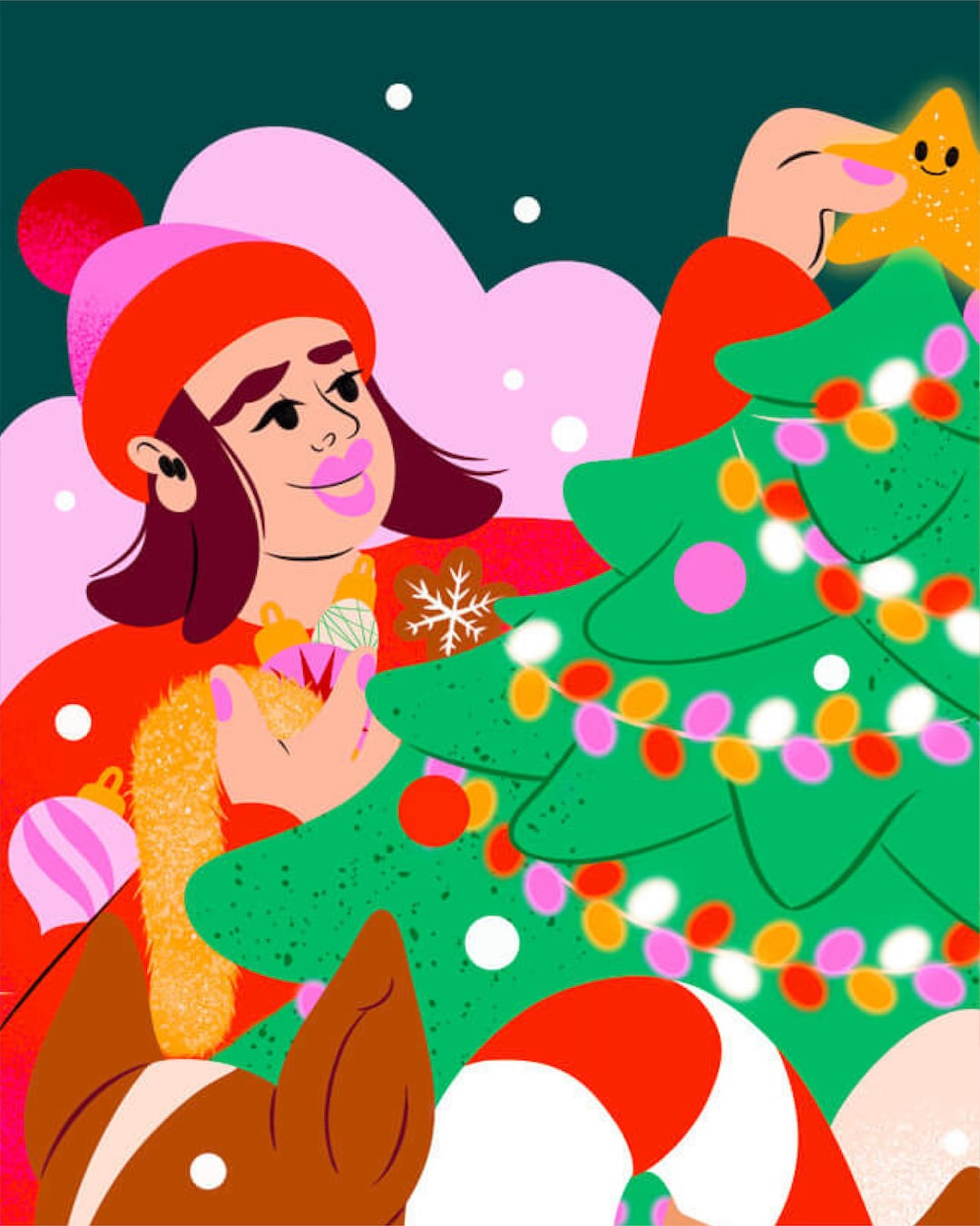 Whimsical digital art shows a fair-skinned adult female decorating a Christmas tree with a yellow star held by a fair-skinned hand.