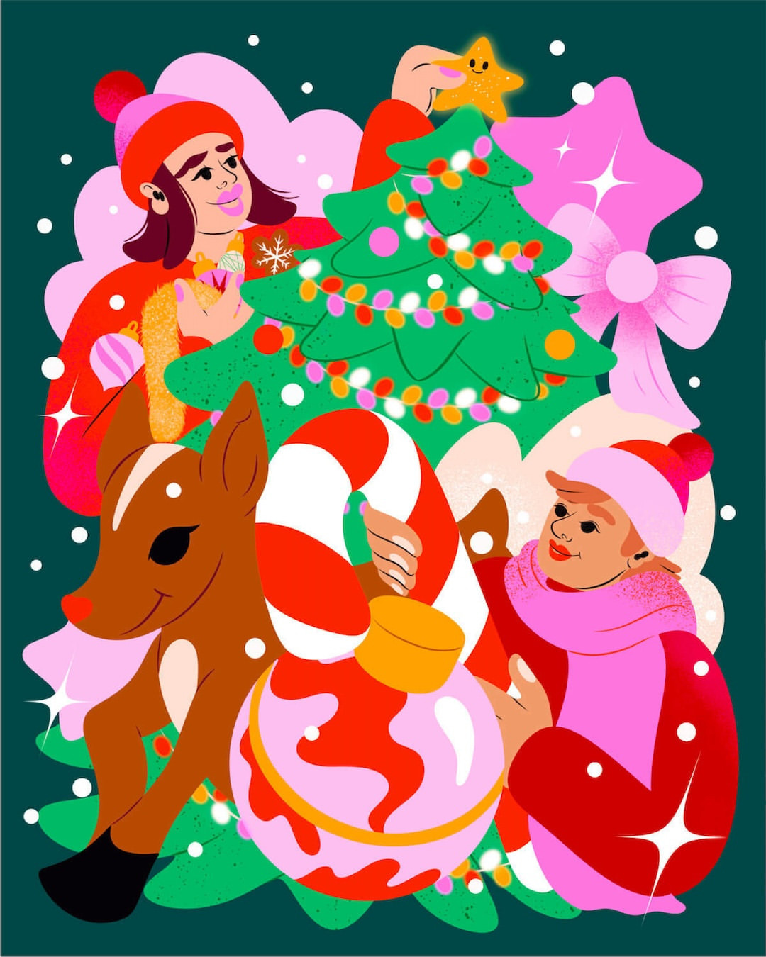 Festive holiday illustration featuring two young adults decorating a Christmas tree with a reindeer, candy cane, ornament, and pink bow.