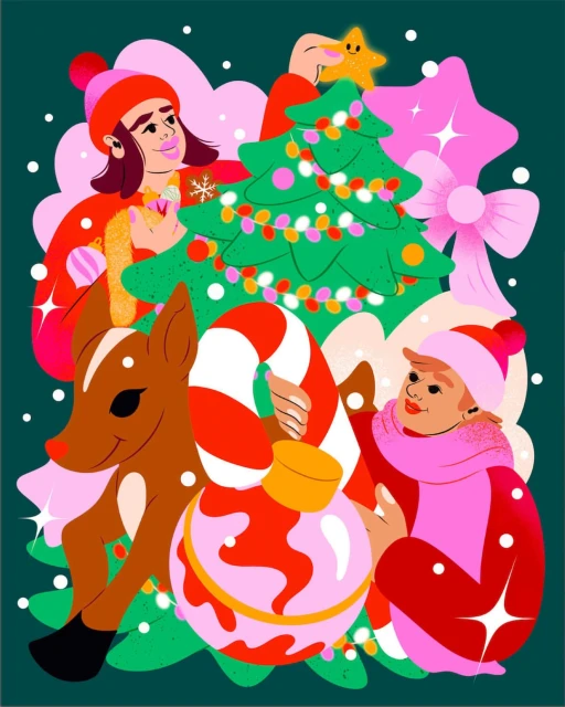 Festive holiday illustration featuring two young adults decorating a Christmas tree with a reindeer, candy cane, ornament, and pink bow.