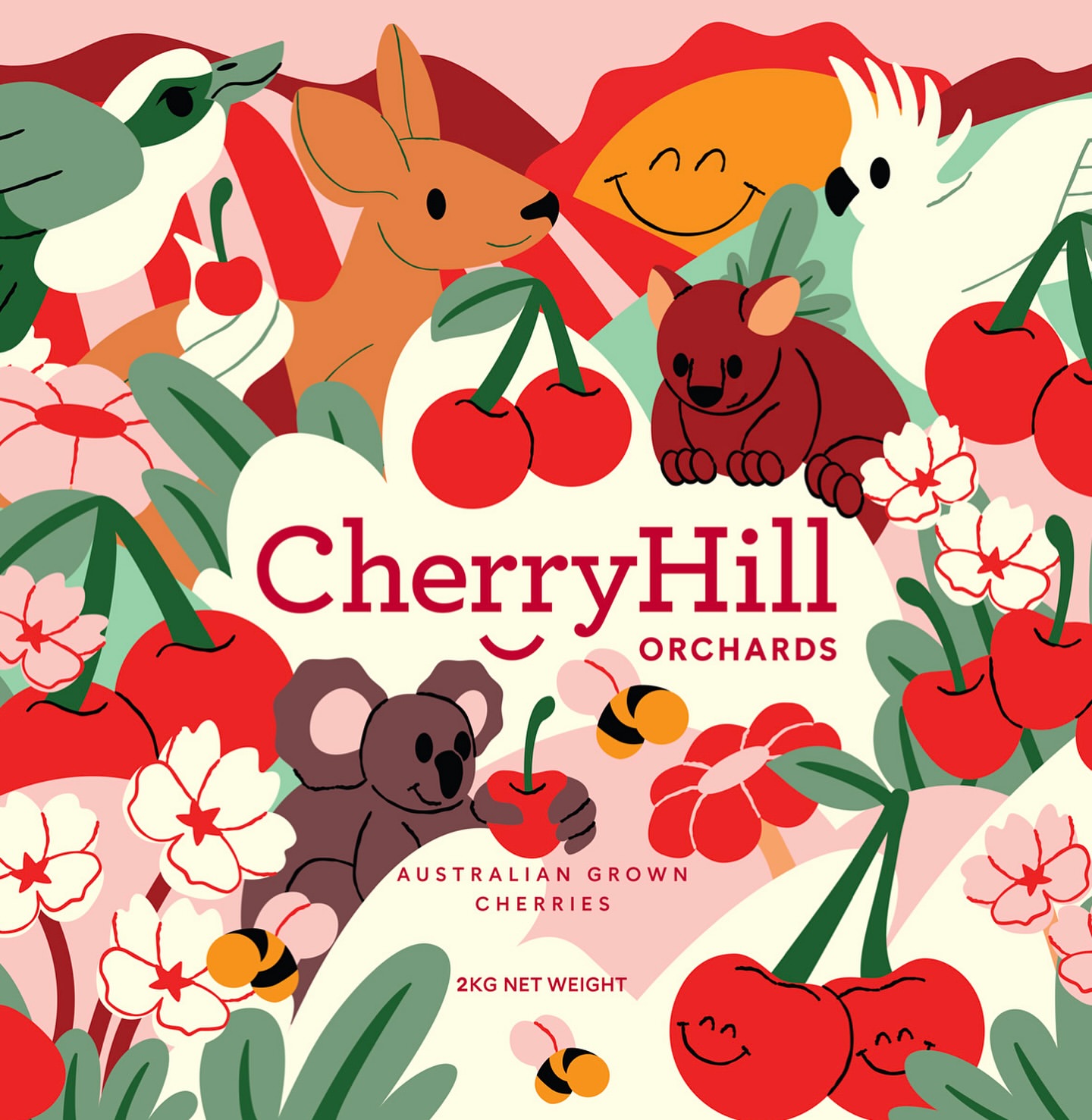 Whimsical illustration of CherryHill Orchards product label featuring Australian animals, cherries, flowers, and text in a playful composition.