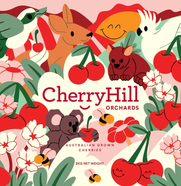 Whimsical illustration of CherryHill Orchards product label featuring Australian animals, cherries, flowers, and text in a playful composition.