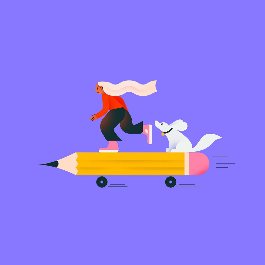 Illustration of a blonde woman and a white dog riding a large yellow pencil on wheels against a solid purple background.
