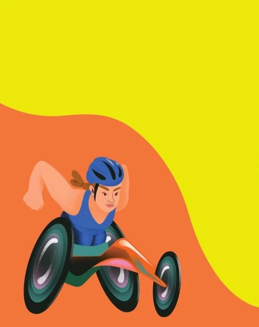 Illustration of a determined adult athlete competing in a handcycle race wearing a blue helmet against an orange and yellow backdrop.
