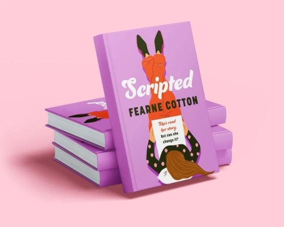 Stack of purple books with illustrated covers featuring a woman reading against a pink background