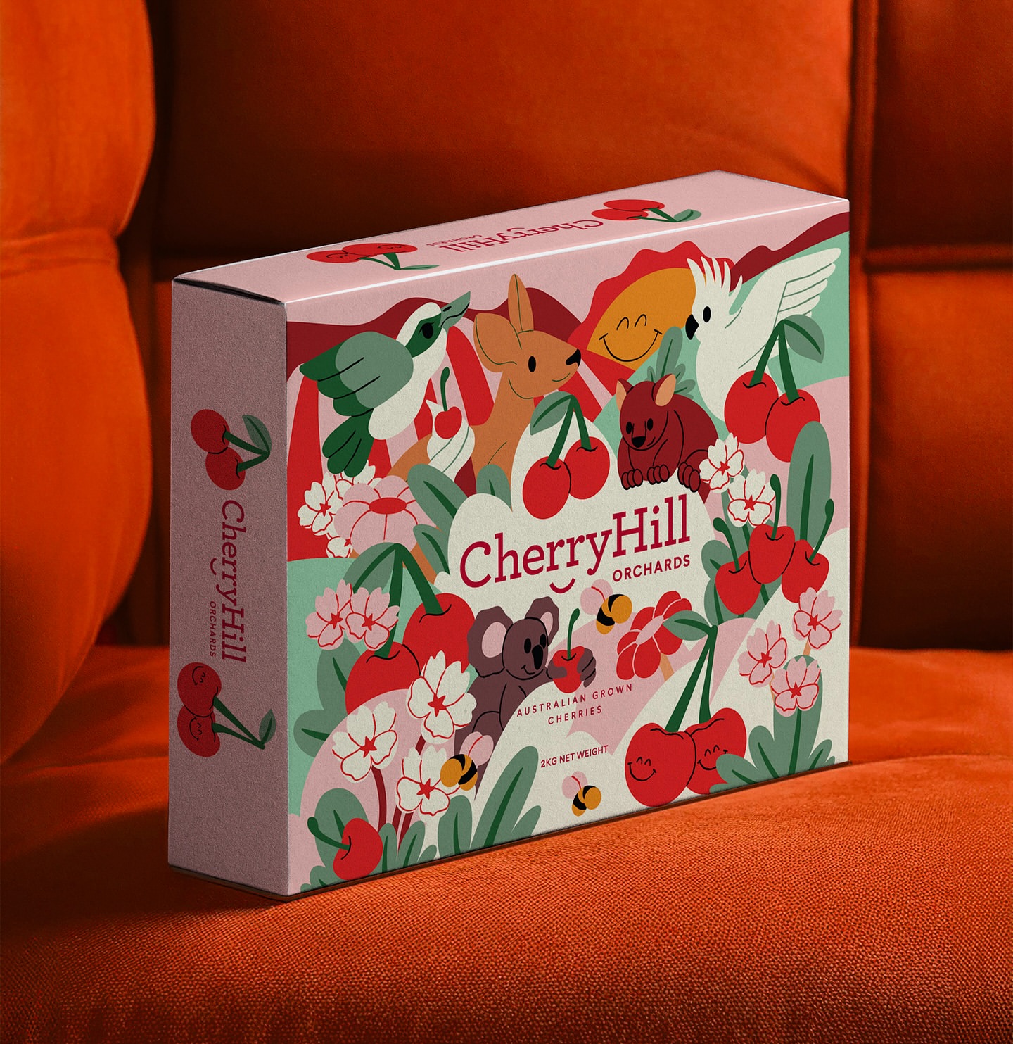 Close-up of a CherryHill Orchards gift box, featuring cartoon animal illustrations and cherries, against an orange couch backdrop.