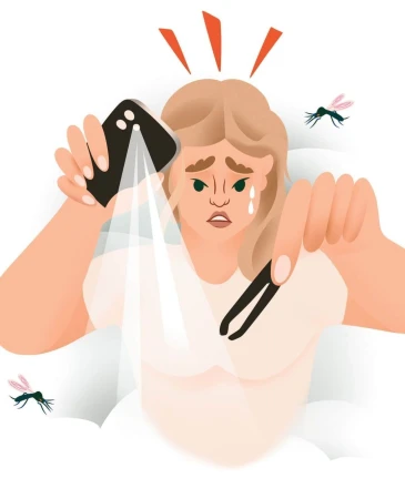 Illustration of a fair-skinned woman looking at her face in a phone screen while holding tweezers, with mosquitoes flying around her.