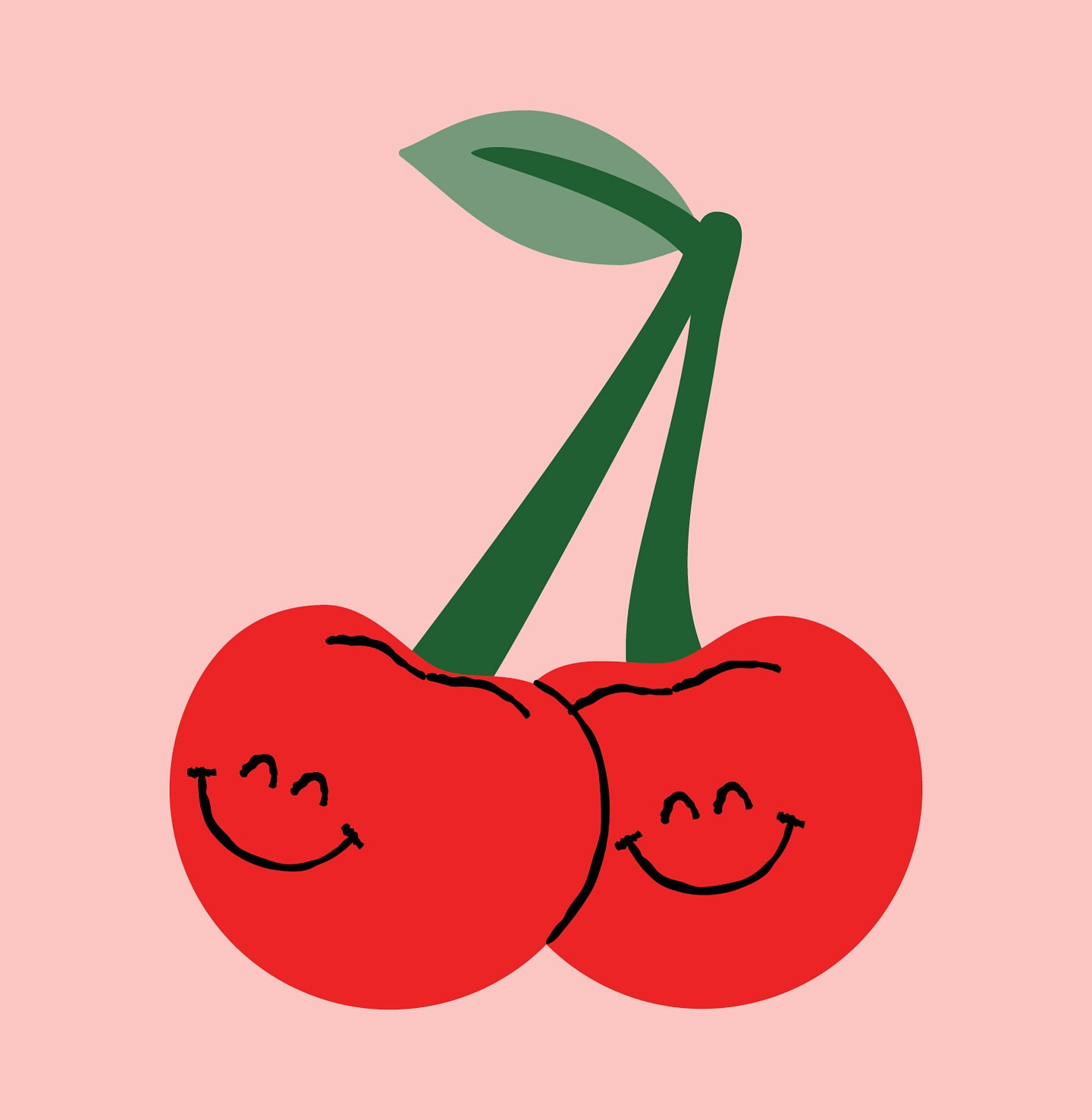 Digital illustration of two red smiling cherries with green stems and a single leaf against a pastel pink background.