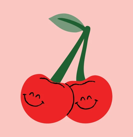 Digital illustration of two red smiling cherries with green stems and a single leaf against a pastel pink background.