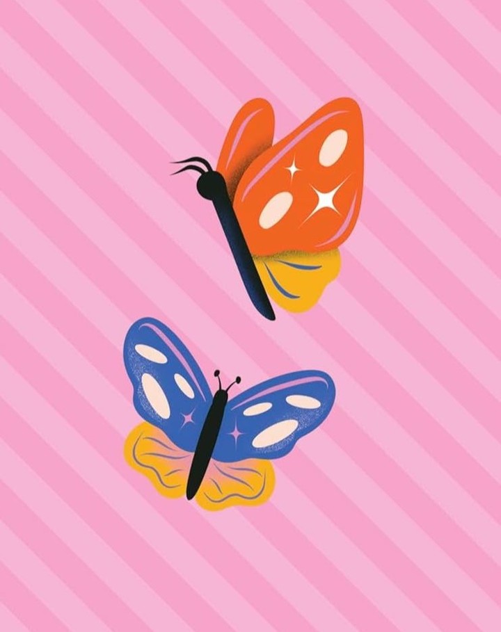Illustration of two stylized butterflies, one orange with yellow accents and one blue with yellow accents, on a pink striped background.