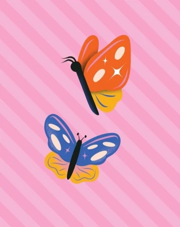 Illustration of two stylized butterflies, one orange with yellow accents and one blue with yellow accents, on a pink striped background.