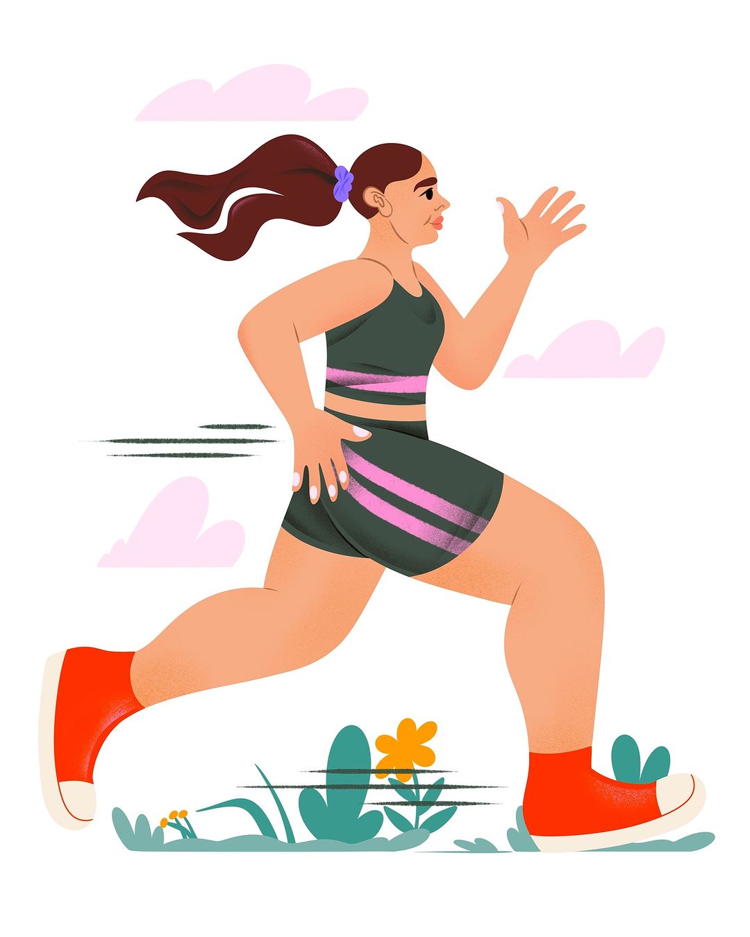 Illustration of an adult female running in a park with green grass and pink clouds in a cartoon style, wearing athletic attire.