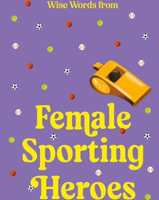 Illustration of a gold whistle and floating sports balls on a purple background with yellow text promoting female sporting heroes.