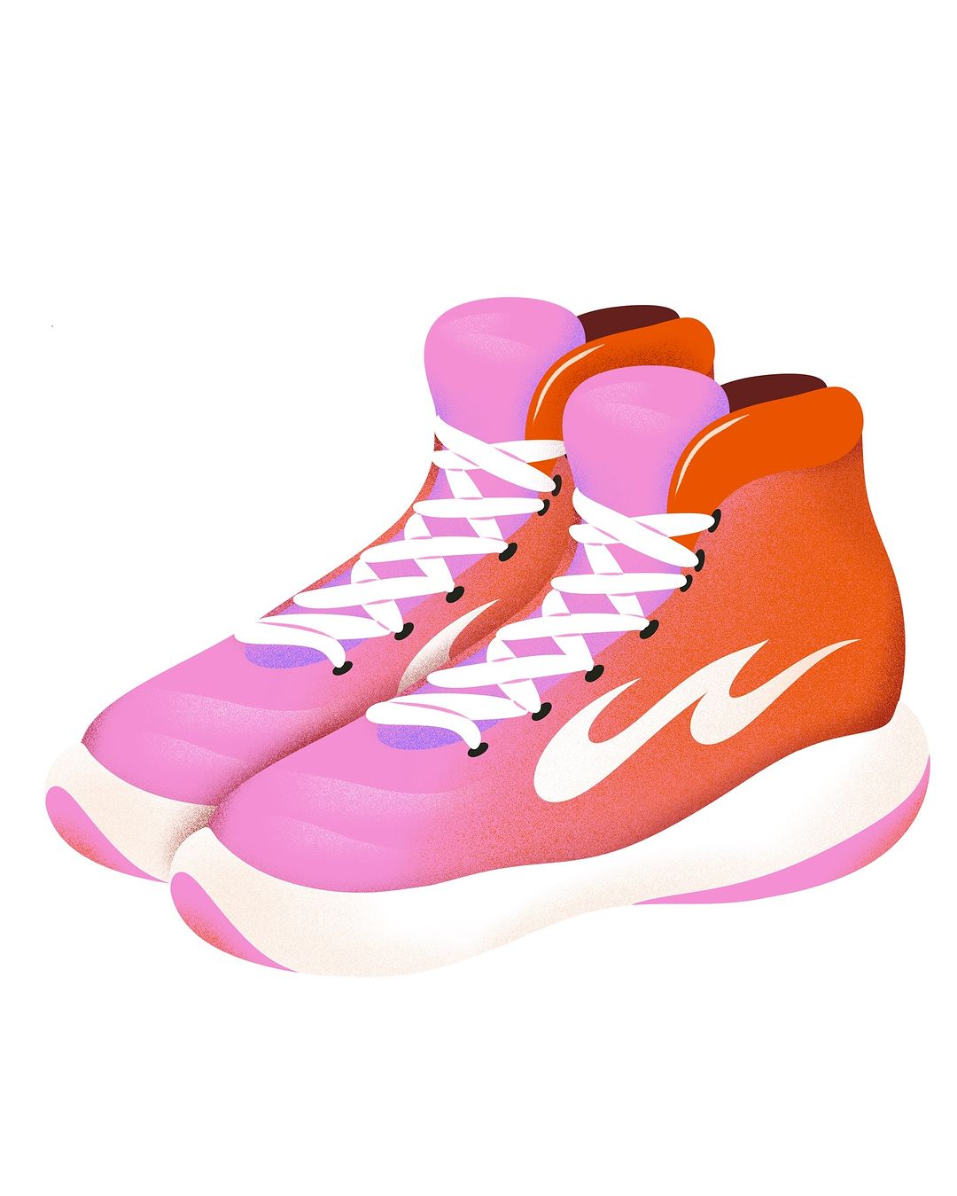 Illustration of pink and orange high-top sneakers with white laces and soles, isolated on a white background. Footwear for sports and fashion.