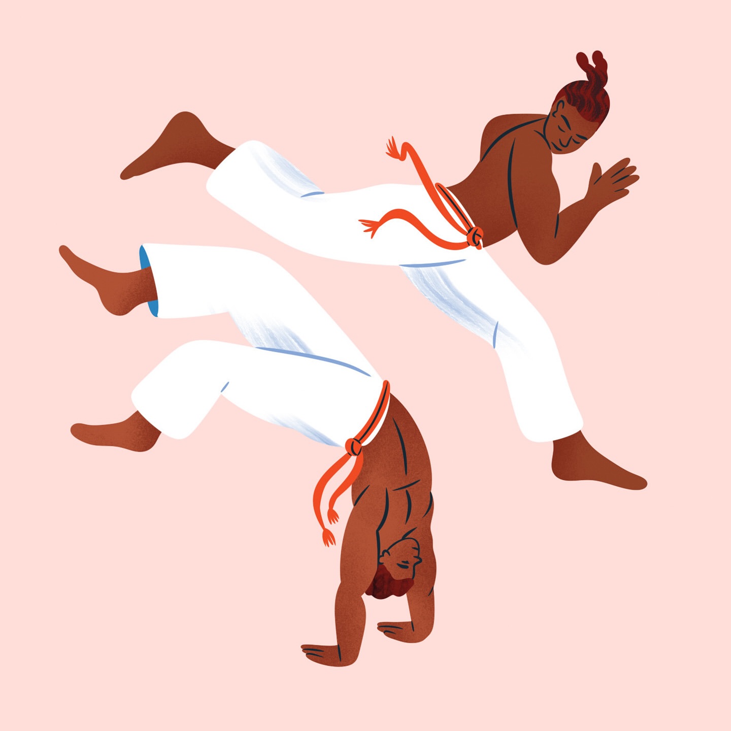 Illustration of two dark-skinned men practicing capoeira in white pants with red rope belts against a light pink background.