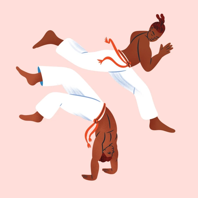 Illustration of two dark-skinned men practicing capoeira in white pants with red rope belts against a light pink background.