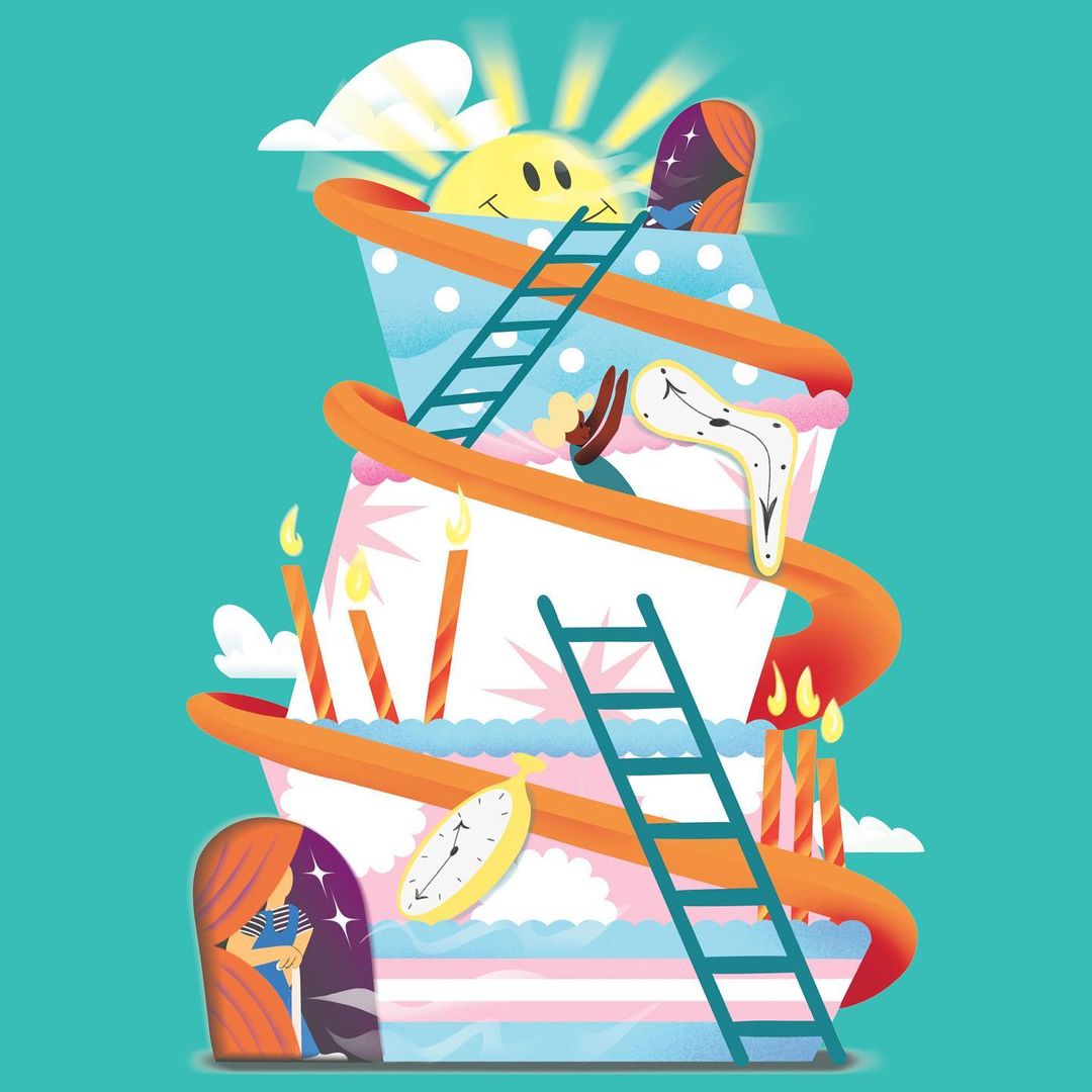 Stylized illustration of a multi-tiered cake with clocks, candles, a smiling sun, and ladders, set against a solid teal backdrop.