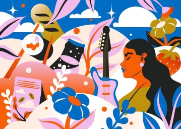 Digital illustration by Lynn Bremner featuring a profile view of a woman surrounded by stylized botanical and lifestyle objects on a vibrant blue background.