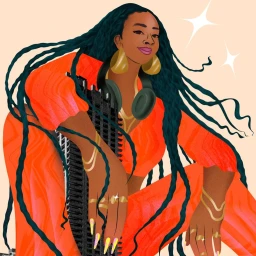 Digital illustration of a Black woman with long dark braids wearing an orange outfit, gold hoop earrings, and headphones.