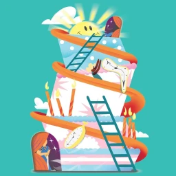 Colorful digital illustration of a multi-tiered dreamscape cake with ladders slides and melting clocks by Lynn Bremner
